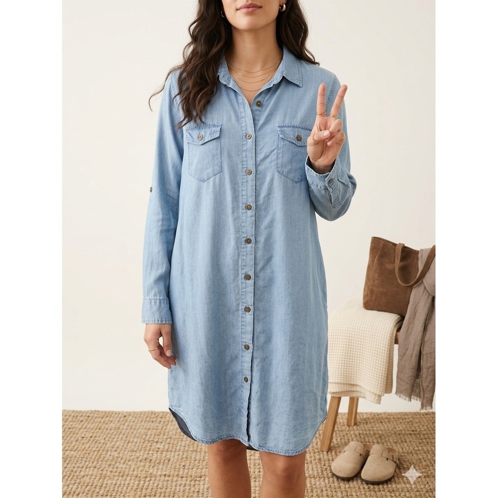100% Tencel Chambray Shirt Dress Coastal Chic Button Down Midi Roll Tab Sleeve L
